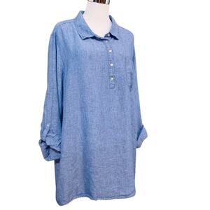JNY 100% Linen Blouse Top‎ 2X Blue Popover Roll Tab Sleeves Casual Career Office